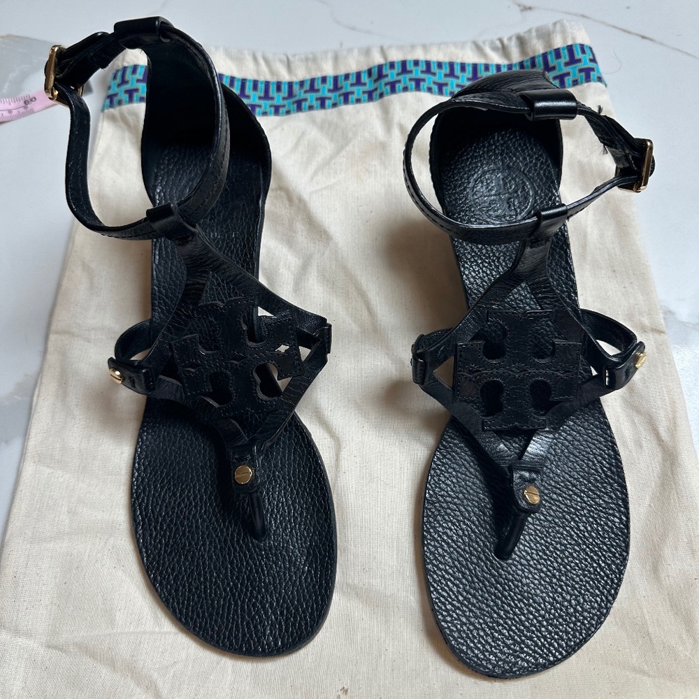 Tory Burch Logo Wedge Sandals Black Size 7.5M